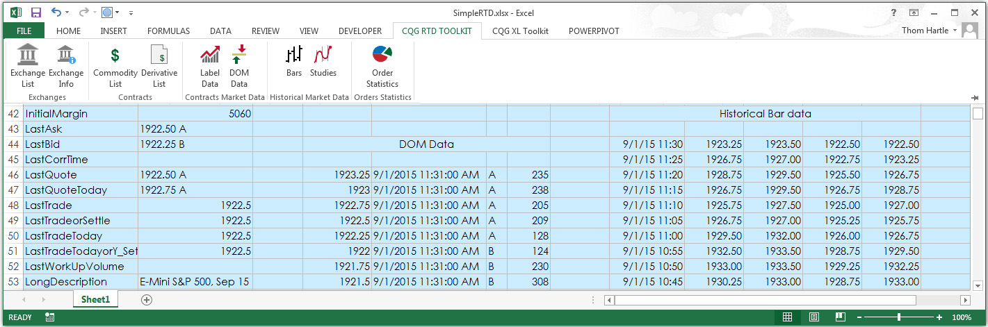 CQG RTD Toolkit for Excel