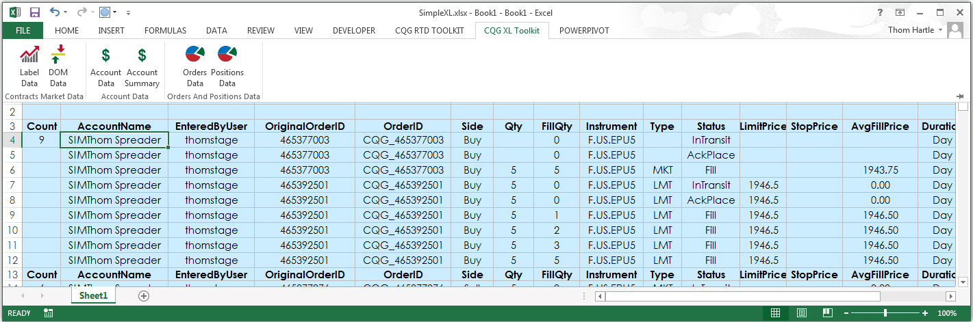 CQG Toolkit for Excel